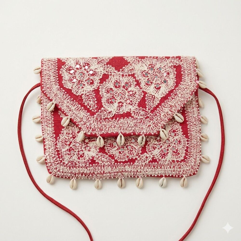 New Red tin mirror Boho Chic Beaded Fringe Clutch Purse with CrossbodyStrap